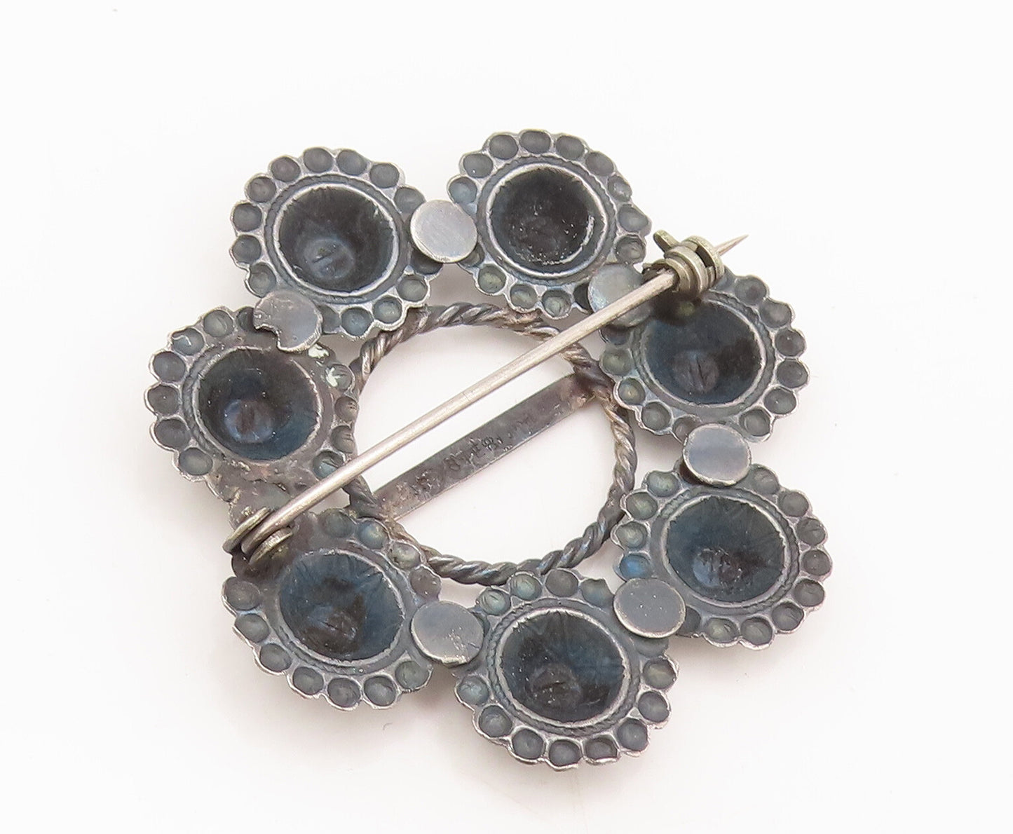 EUROPE 925 Silver  Vintage Antique Beaded Carved Flower Brooch Pin  BP10503
