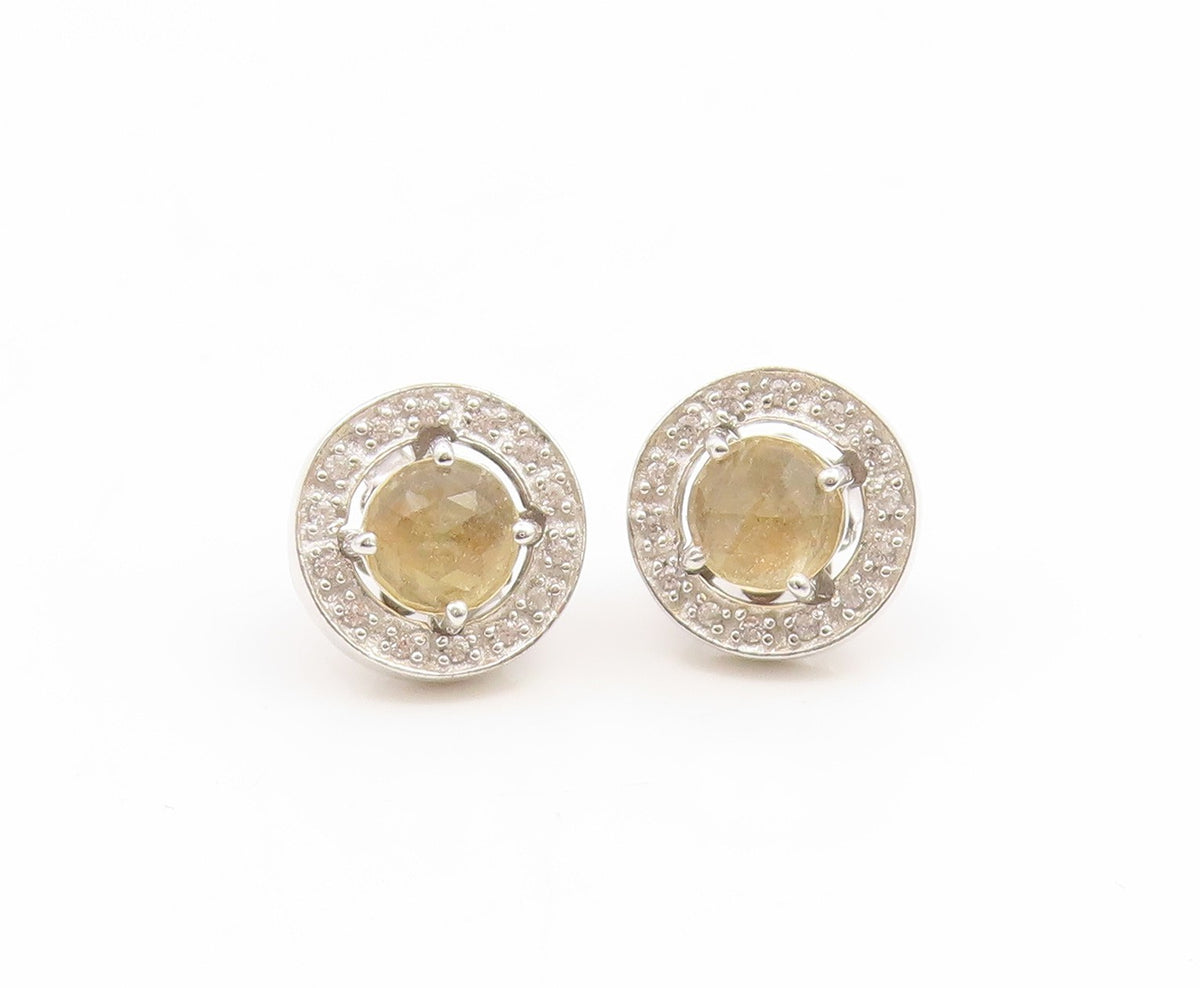 925 Sterling Silver Vintage Earrings Citrine & Halo Real Diamonds Stud  EG14149
