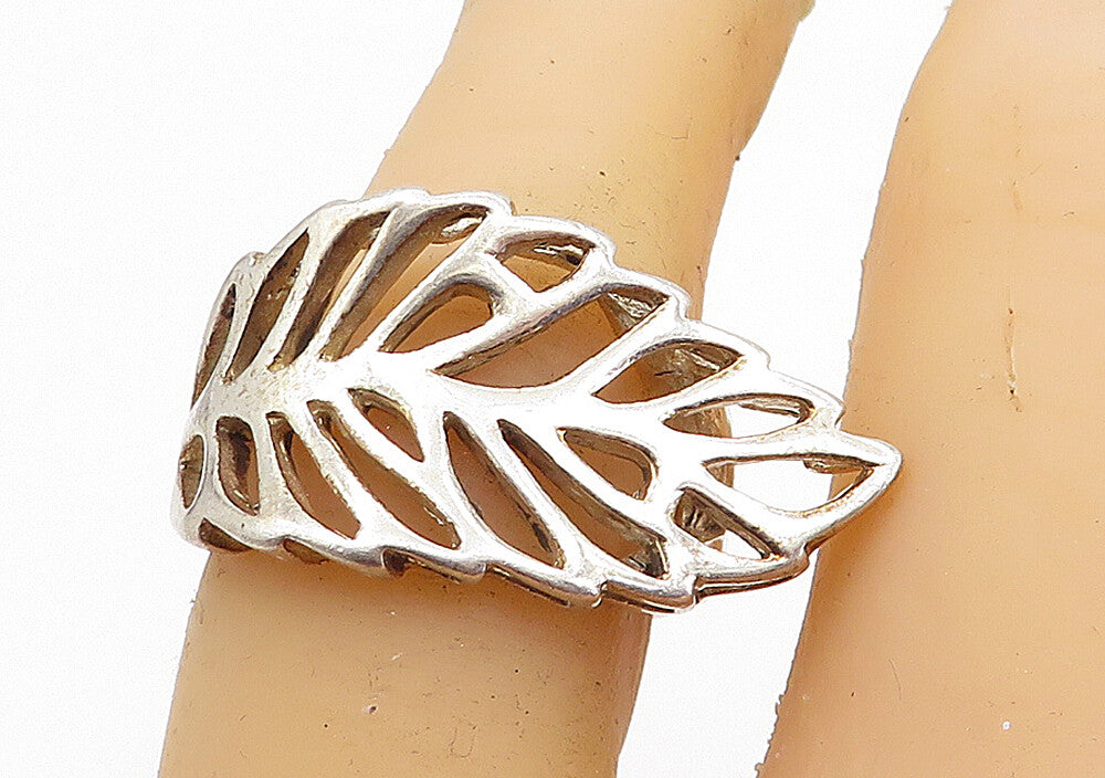 925 Sterling Silver  Vintage Shiny Single Leaf Feather Band Ring Sz 6.5 RG6002