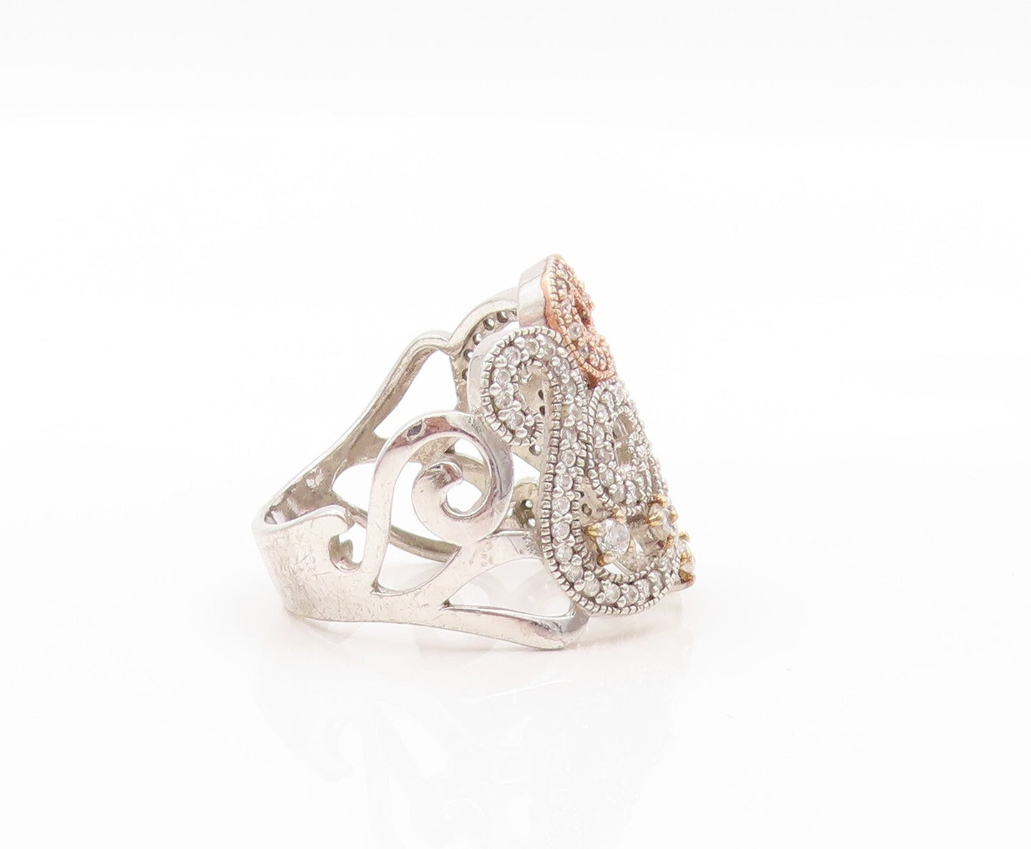 925 Sterling Silver Vintage Ring CZ Inlay Swirly Cutout Design  SZ 8  RG31985