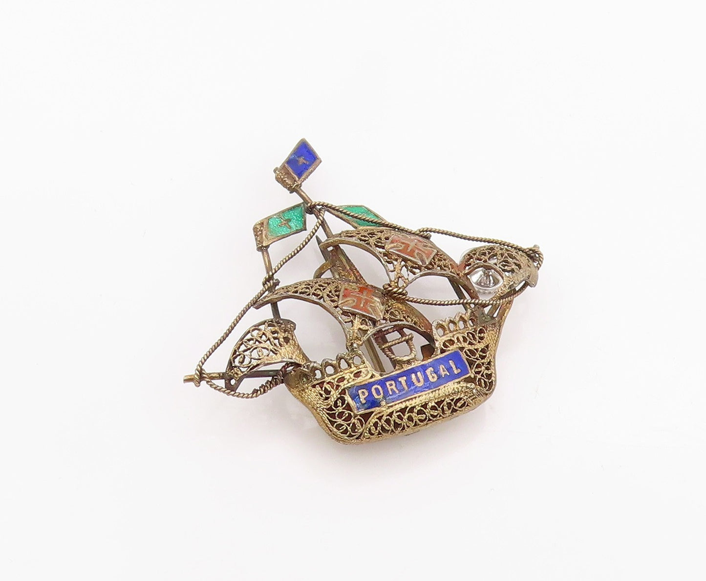 925 Sterling Silver Vintage Brooch Pin Enameled Portugal Sailing Boat  BP12372