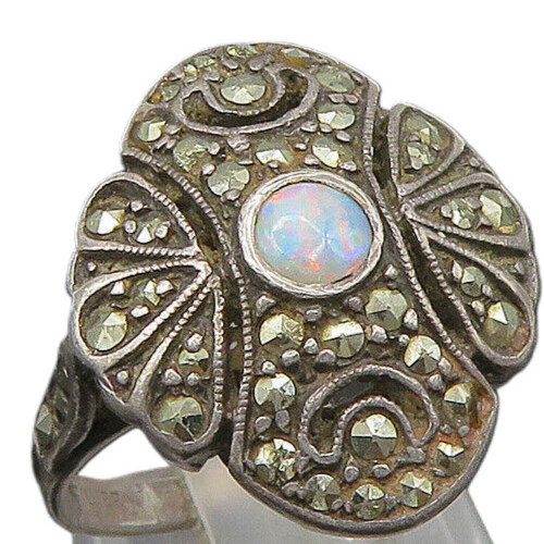 DELCITA 925 Silver  Vintage Victorian Fire Opal Floral Band Ring Sz 6  RG23876