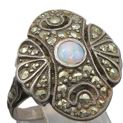 DELCITA 925 Silver  Vintage Victorian Fire Opal Floral Band Ring Sz 6  RG23876