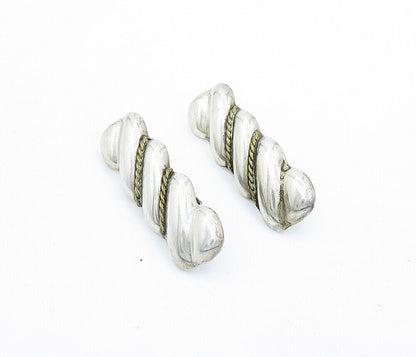 MEXICO 925 Silver  Vintage Two Tone Fluted Twist Non Pierce Earrings  EG2806