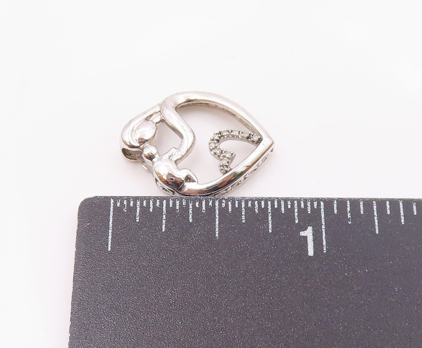 925 Sterling Silver  Genuine Diamonds Mom & Baby Love Heart Pendant  PT7849