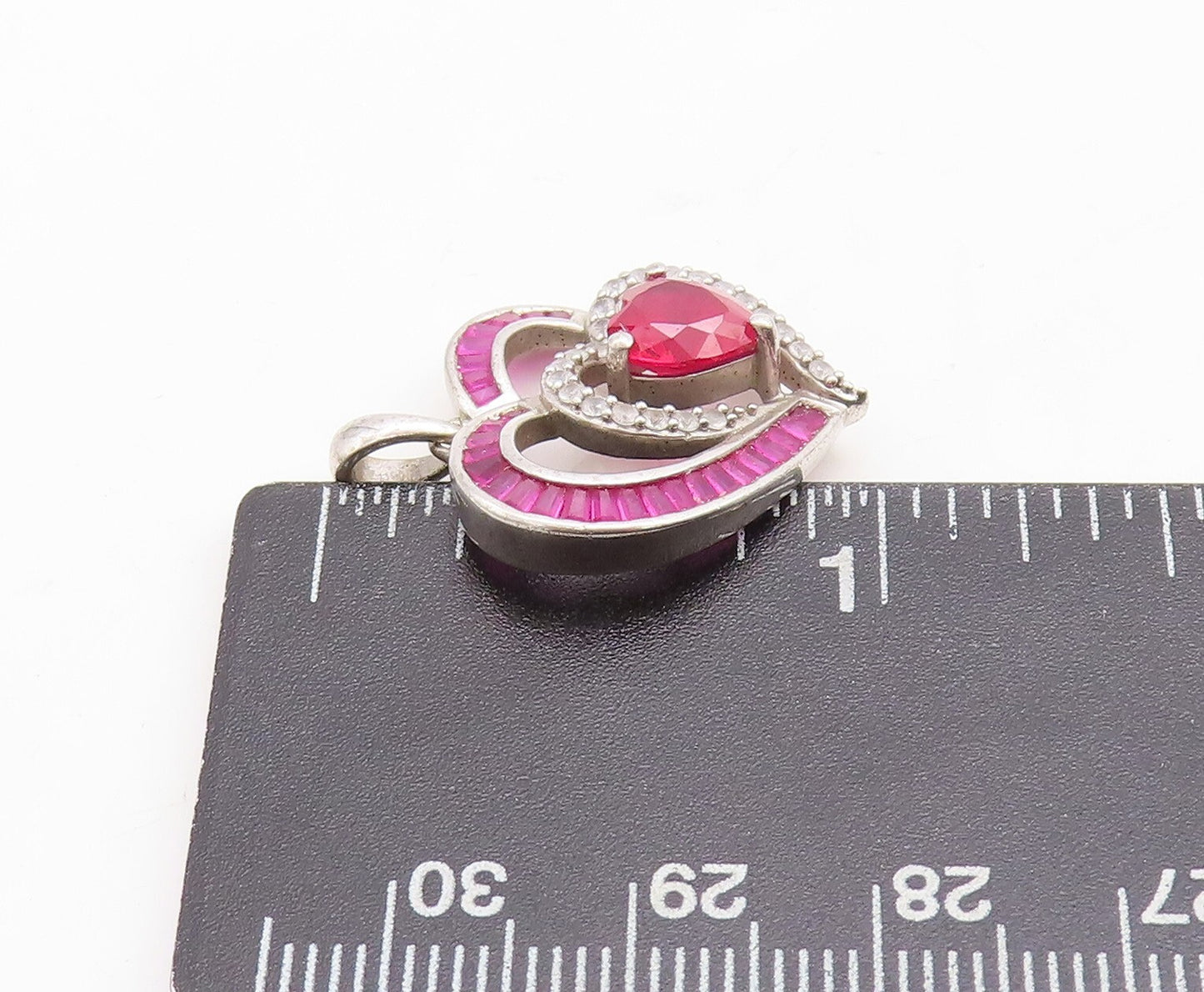 925 Sterling Silver Vintage Pendant Designer Cut Pink & White CZ Hearts  PT23699