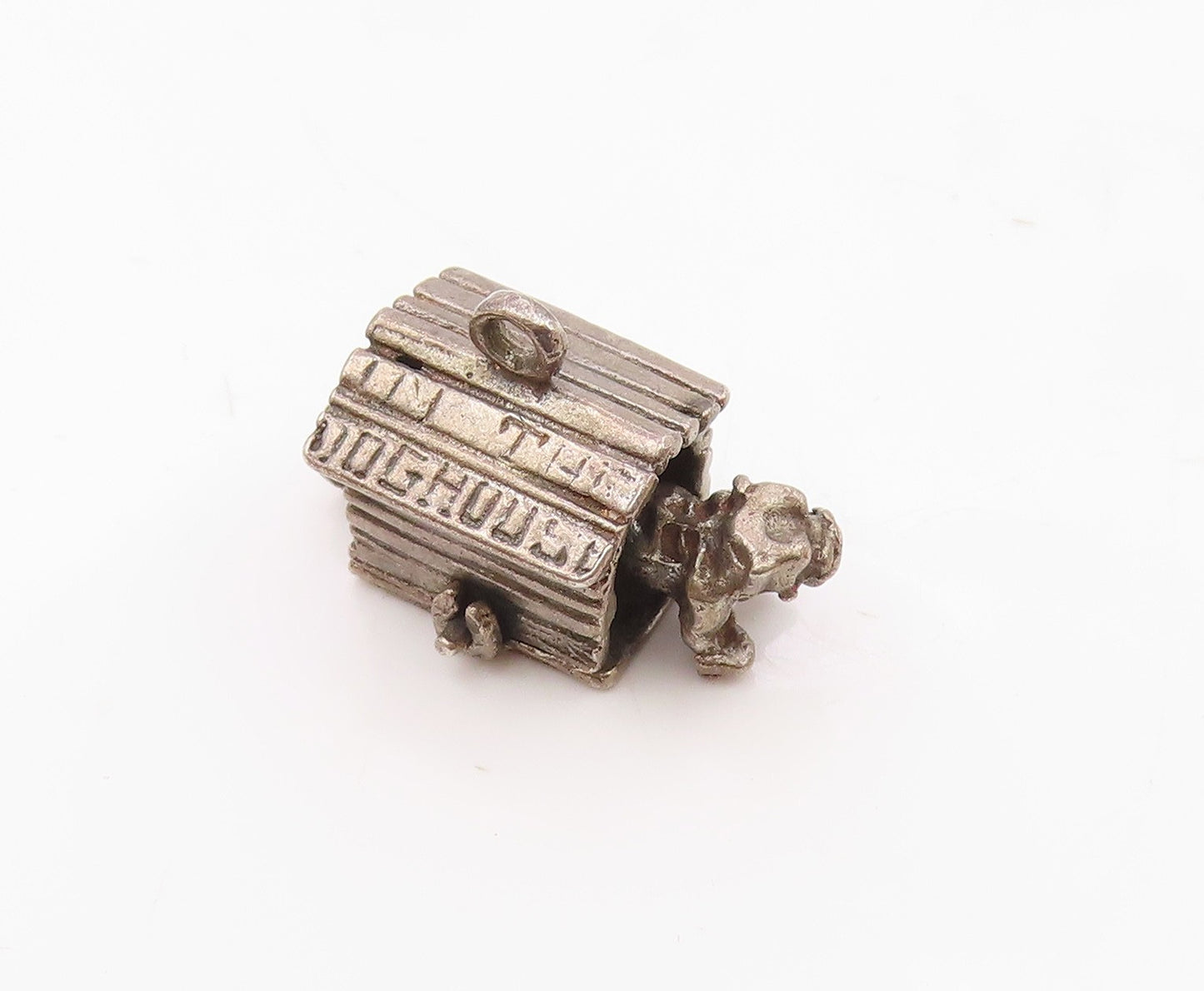 925 Sterling Silver  Vintage Bulldog In Dog House Pendant (MOVES)  PT21052
