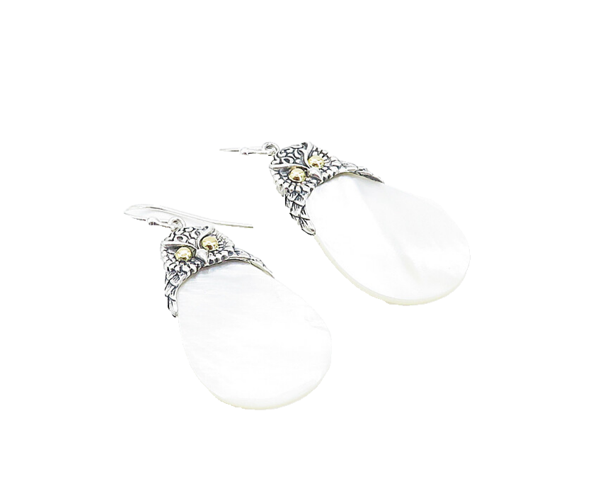 925 Silver & 18K GOLD  Mother Of Pearl Two Tone Owl Dangle Earrings  EG3114