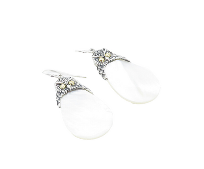 925 Silver & 18K GOLD  Mother Of Pearl Two Tone Owl Dangle Earrings  EG3114