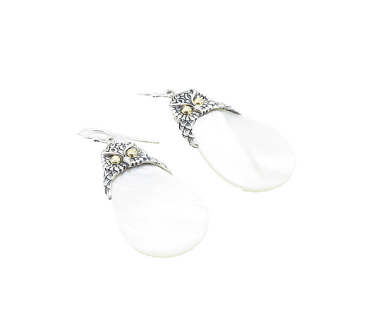 925 Silver & 18K GOLD  Mother Of Pearl Two Tone Owl Dangle Earrings  EG3114