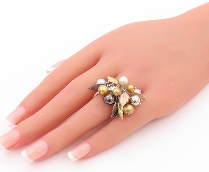 925 Sterling Silver Vintage Ring Modernist Floral Pearls & Beads  Sz 5  RG32437