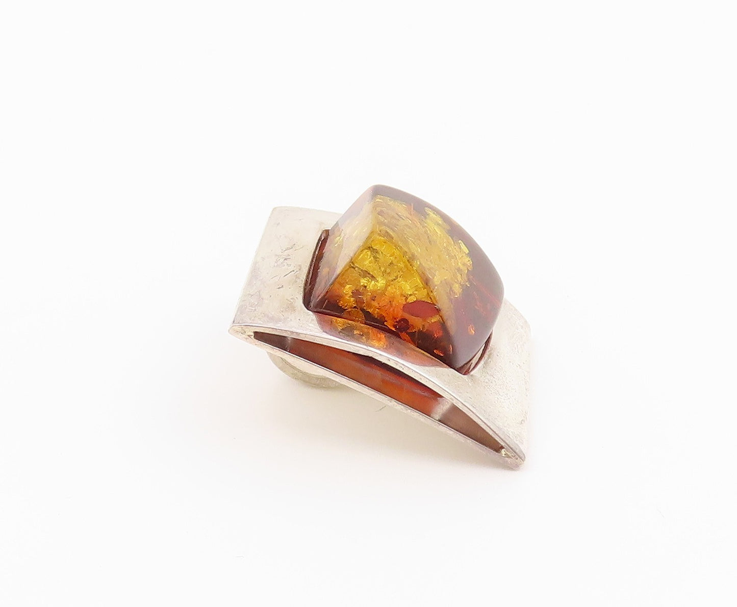 925 Sterling Silver Vintage Pendant Modernist Amber Geometric Charm  PT26360