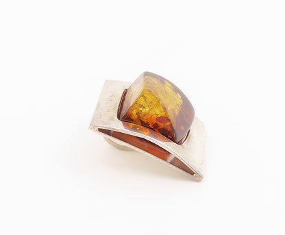 925 Sterling Silver Vintage Pendant Modernist Amber Geometric Charm  PT26360
