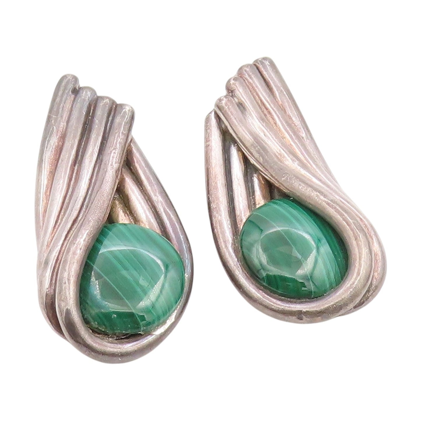 925 Sterling Silver Vintage Earrings Malachite Bold Swirly Large Clip On EG14025