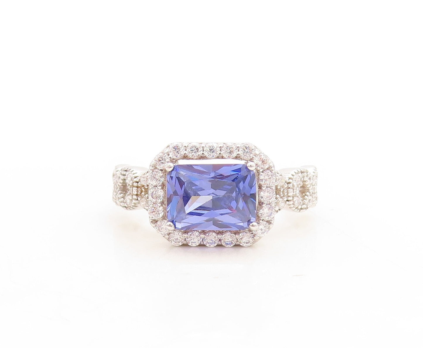 925 Sterling Silver Vintage Ring Rectangle Sapphire Halo CZ Band  Sz 7.5 RG31220