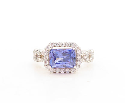 925 Sterling Silver Vintage Ring Rectangle Sapphire Halo CZ Band  Sz 7.5 RG31220