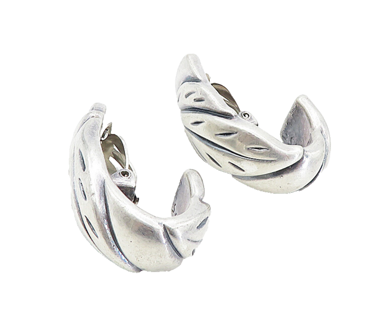 SIMON SEBBAG 925 Silver  Vintage Floral Leaf Etched Non Pierce Earrings EG4258