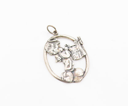 925 Sterling Silver  Vintage Baby Angel Rejoice Etched Drop Pendant  PT6415