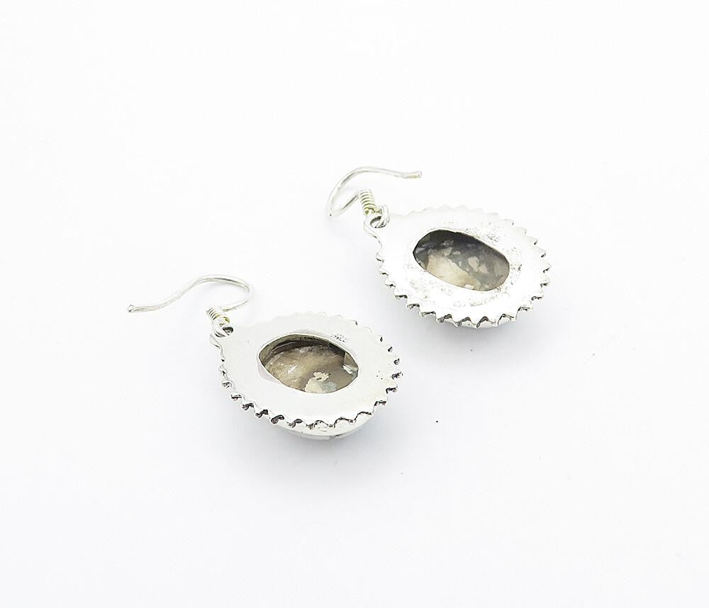 925 Sterling Silver  Vintage Cabochon Cut Grey Jasper Dangle Earrings  EG3156