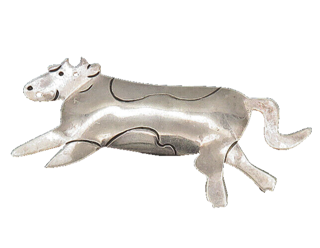 MEXICO 925 Sterling Silver  Vintage Shiny Cow Animal Motif Brooch Pin  BP8144