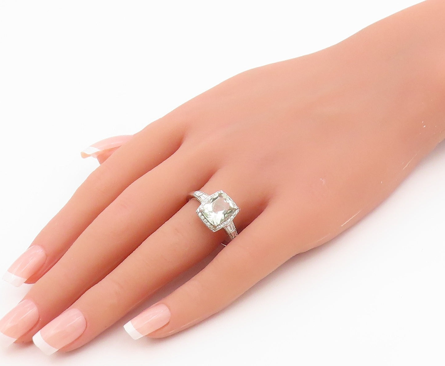 925 Sterling Silver Vintage Ring Green Amethyst Halo Topaz Band  Sz 11  RG36523
