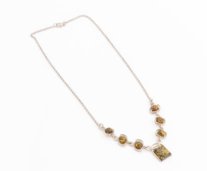 925 Sterling Silver Vintage Necklace Cabochon Round & Square Honey Amber NE4595