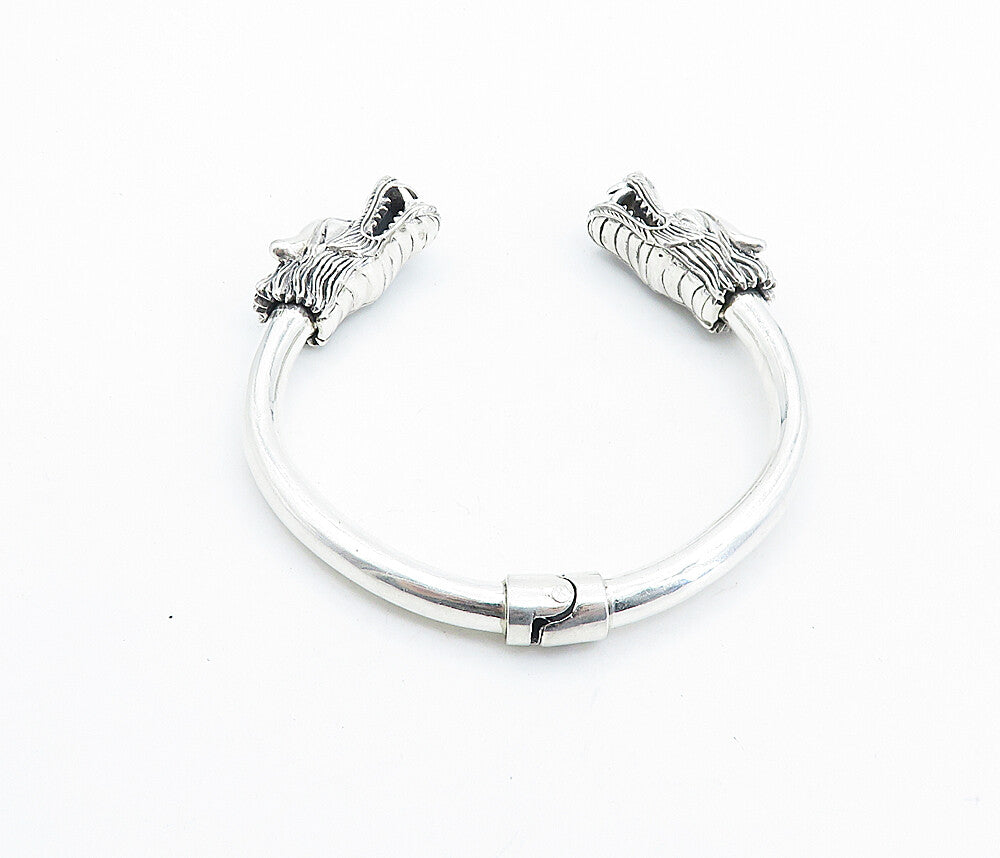 925 Sterling Silver  Vintage Shiny Sculpted Dragon Head Cuff Bracelet  BT2498
