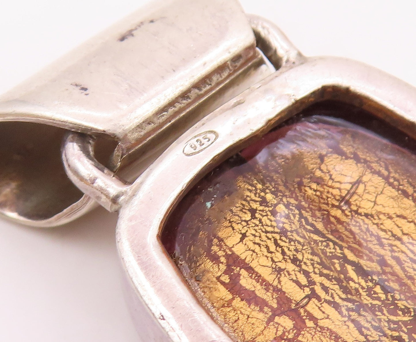 925 Sterling Silver  Vintage Shiny Dichroic Glass Art Slide Pendant  PT7705