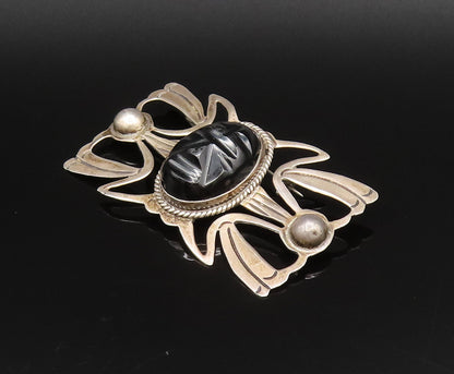 MEXICO 925 Silver  Vintage Carved Face Black Onyx Open Wings Brooch Pin BP9991