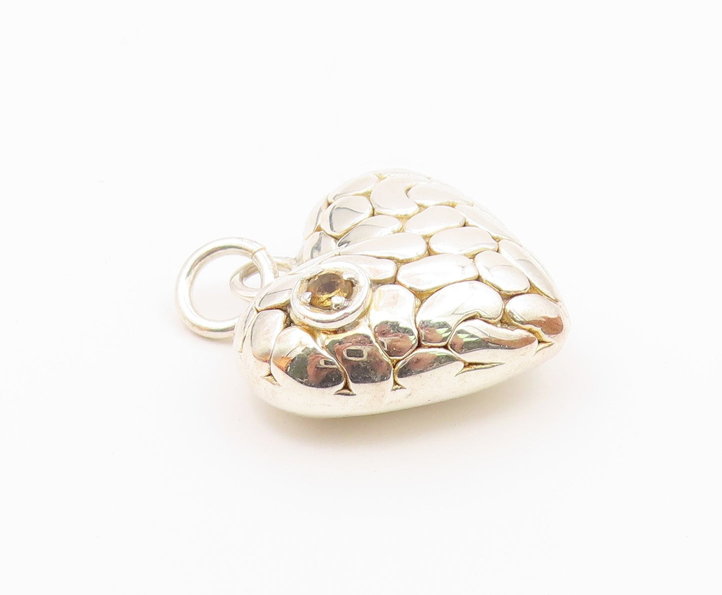 925 Sterling Silver  Citrine Hollow Shiny Cobble Love Heart Pendant  PT12941