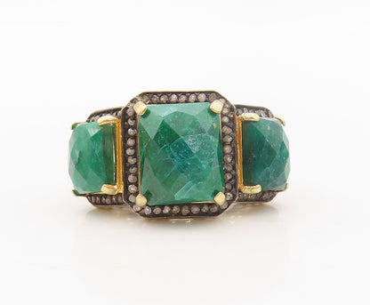 925 Sterling Silver Vintage Ring Diamonds Frame Green Gemstones  Sz 7.5  RG30230