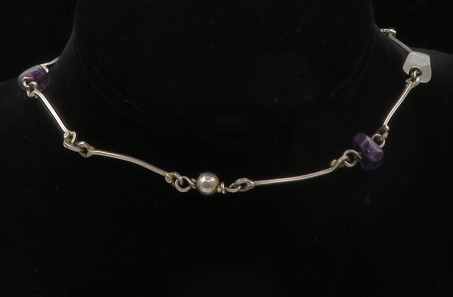 925 Sterling Silver Vintage Amethyst & Quartz Bar Link Chain Necklace NE2126
