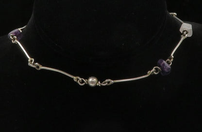 925 Sterling Silver Vintage Amethyst & Quartz Bar Link Chain Necklace NE2126