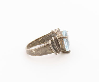 925 Sterling Silver Vintage Ring Pear Cut Blue Topaz Fluted Band  Sz 6  RG36335