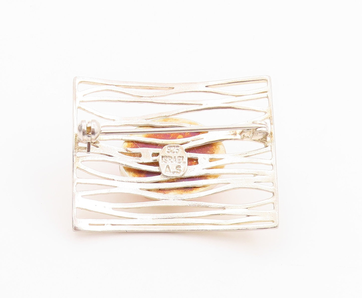 925 Sterling Silver Vintage Brooch ISRAEL Cutout Rectangle Gemstone BP11707