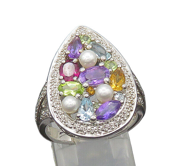 925 Silver Vintage Pearls & Peridot Multi Stone Cocktail Ring Sz 8 RG20942