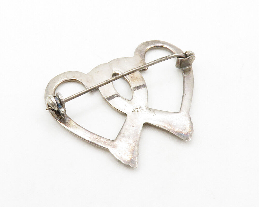 925 Sterling Silver  Vintage Open Double Love Heart Smooth Brooch Pin  BP5233