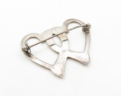 925 Sterling Silver  Vintage Open Double Love Heart Smooth Brooch Pin  BP5233