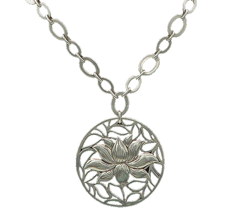 925 Sterling Silver  Vintage Shiny Lotus Flower Oval Chain Necklace  NE3513