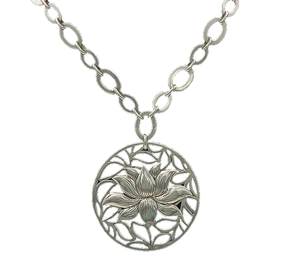 925 Sterling Silver  Vintage Shiny Lotus Flower Oval Chain Necklace  NE3513