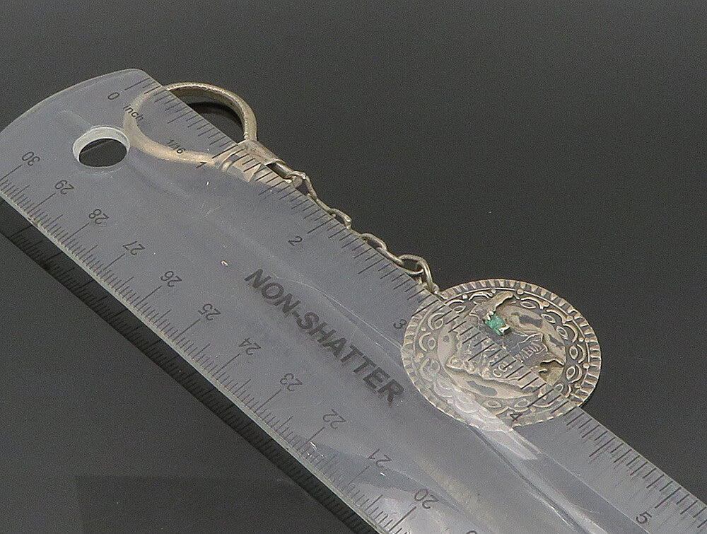 925 Sterling Silver  Vintage Carved Colombia Map Emerald Key Chain  TR3271