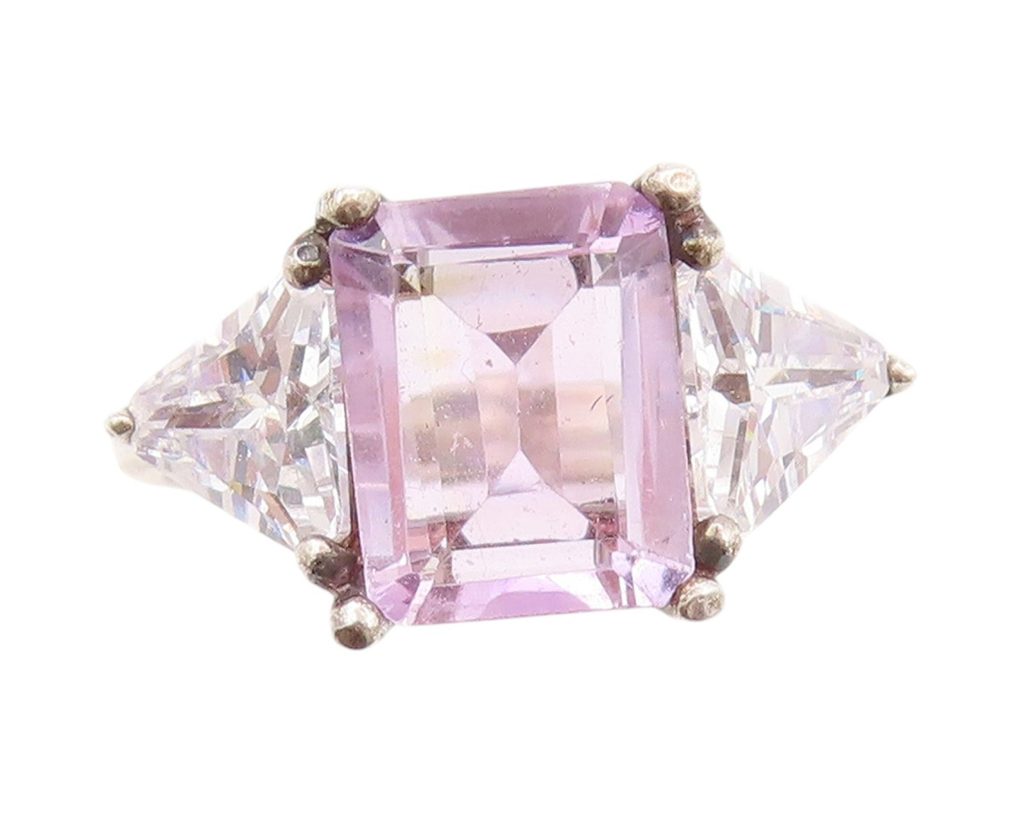 925 Sterling Silver Vintage Ring Rectangle Amethyst Triangle Topaz  Sz 8 RG32993