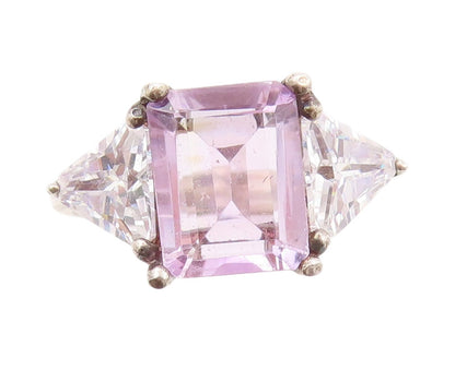925 Sterling Silver Vintage Ring Rectangle Amethyst Triangle Topaz  Sz 8 RG32993