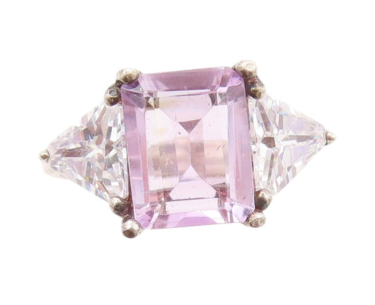 925 Sterling Silver Vintage Ring Rectangle Amethyst Triangle Topaz  Sz 8 RG32993