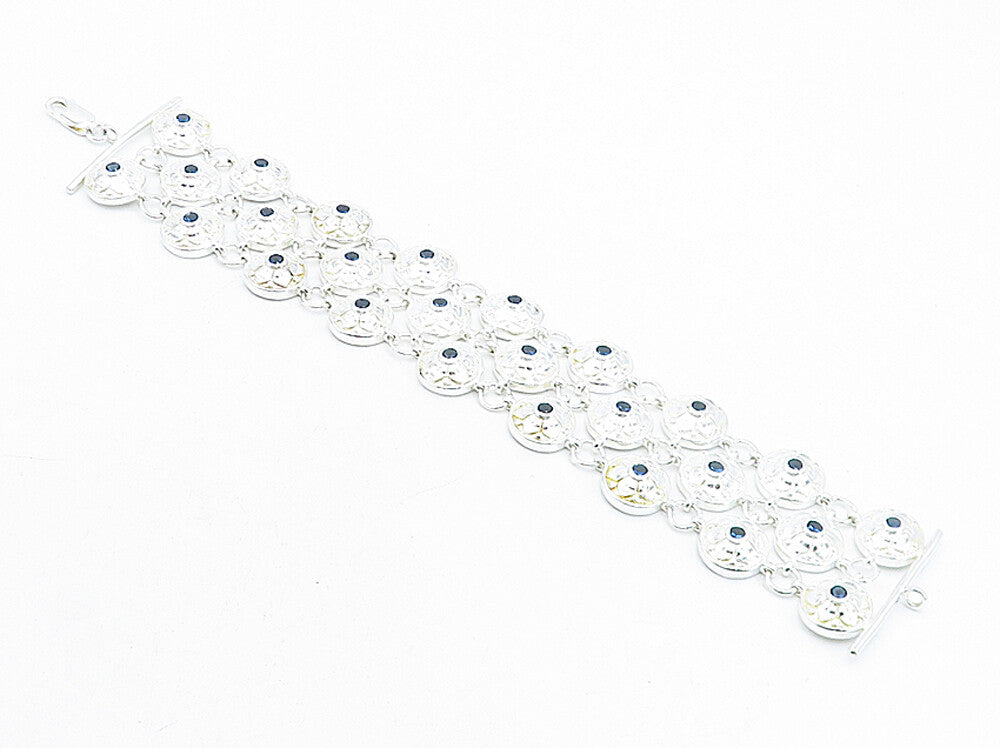 925 Sterling Silver  Blue Topaz Shiny Floral Dome Link Chain Bracelet  BT1618