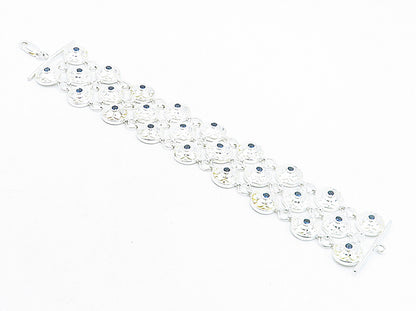 925 Sterling Silver  Blue Topaz Shiny Floral Dome Link Chain Bracelet  BT1618