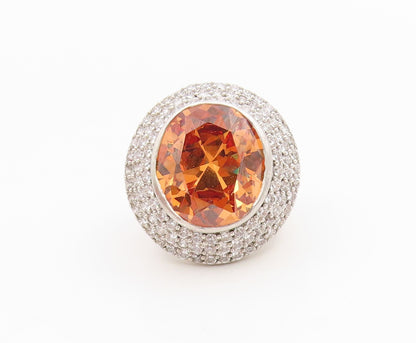 925 Sterling Silver Vintage Ring Citrine & Halo CZ Dome Band HEAVY Sz 9 RG34198