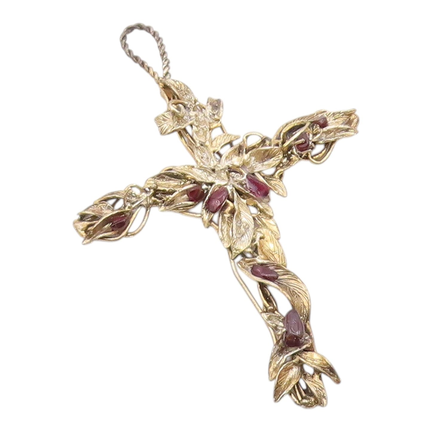 925 Sterling Silver Vintage Large Garnet Leaf Religious Cross Pendant PT21019
