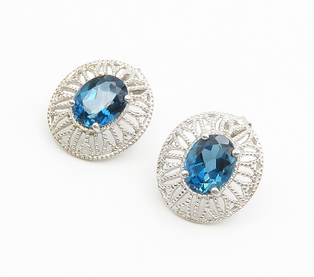 925 Sterling Silver  Shiny Blue Topaz Floral Dome Drop Earrings  EG7575