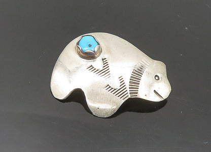 NAVAJO 925 Silver  Vintage Turquoise Shiny Etched Bear Brooch Pin  BP8021